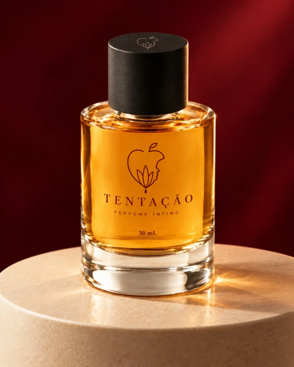 Tentação Perfume Íntimo sobre pedestal claro e fundo bordô